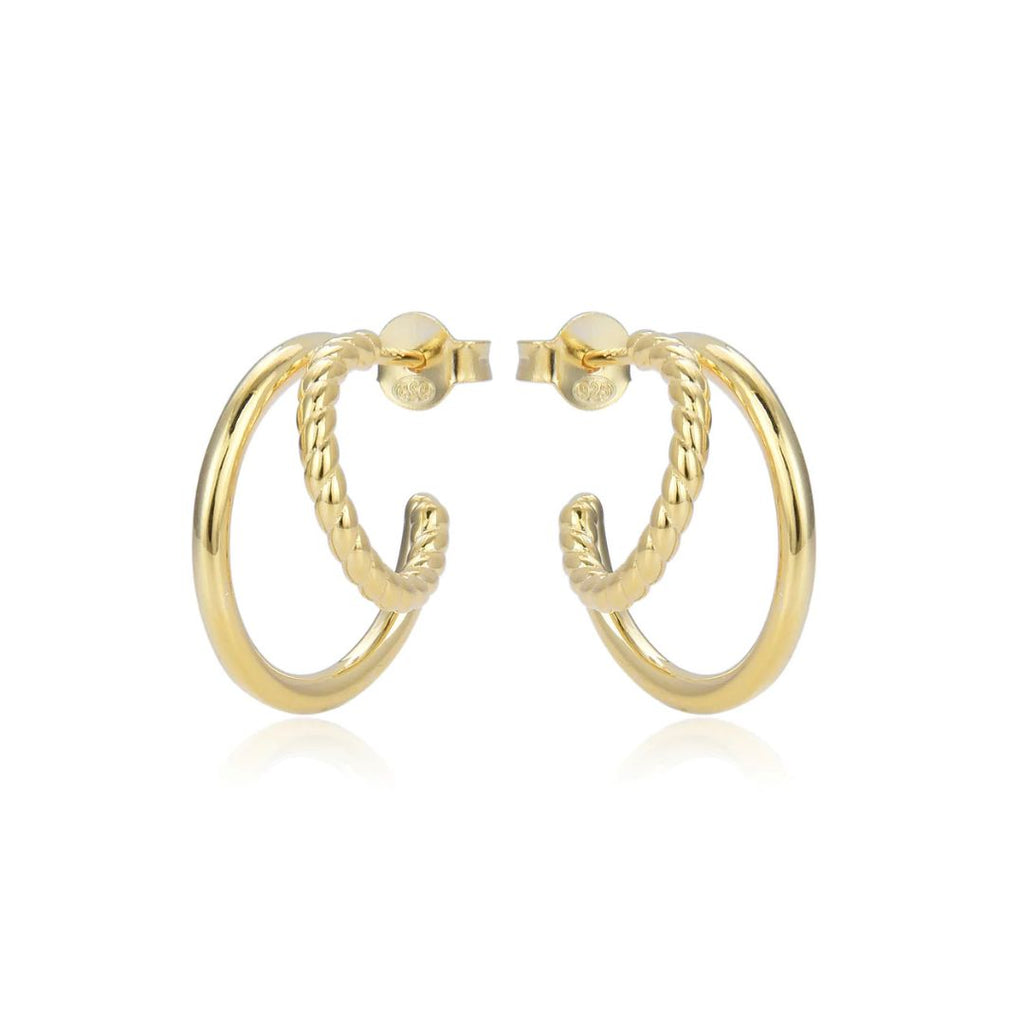 Boucles D'oreilles Créoles Double Anneaux Bicolore Argent Doré 925/1000 Boucles D'oreilles Créoles Double Anneaux Bicolore Argent Doré 925/1000